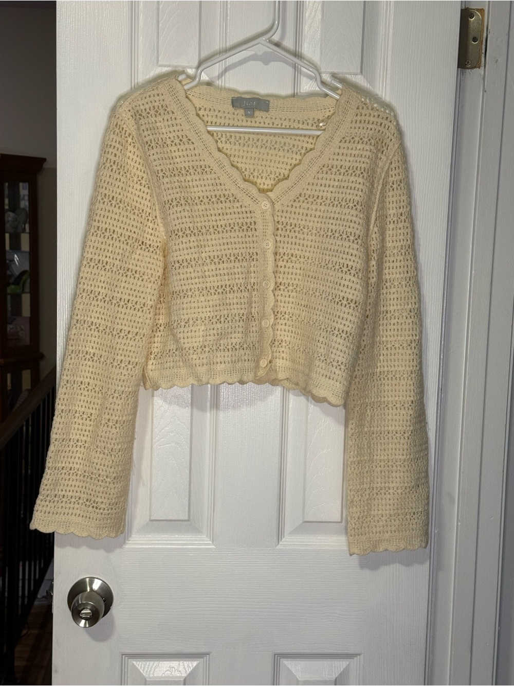 Light Cream Crochet V-Neck Button-Front Women's Sweater - Unknown Brand